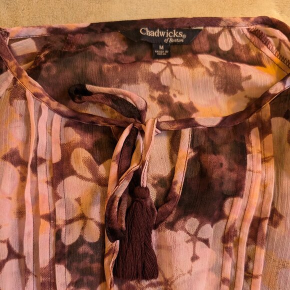 WOMEN'S BLOUSE Chadwick's of Boston Medium M Long Sleeve Pink Sheer Flowy Tassel - Picture 2 of 6
